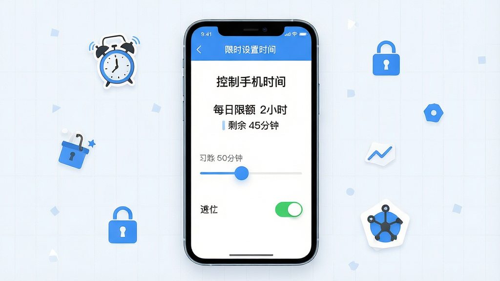 主体:手机上展示“控制手机时间”的限时设置页面,有滑动条和开关。布局:手机模型居中,周围有闹钟、锁图标等小元素点缀。排版:页面显示“每日限额 2小时”、“剩余 45分钟”等字样。风格:清新简约,蓝白配色。细节:滑动条为蓝色,开关为绿色,背景有淡淡的网格纹理。画质:高清,干净,无多余元素。