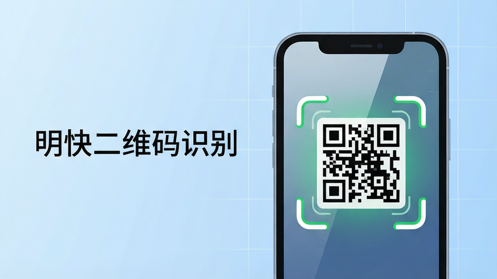 主体:一部智能手机屏幕正显示扫描界面,界面中央是绿色取景框,框内一个二维码即将被识别。布局:手机位于画面中央偏右,左侧留白处有文字“明快二维码识别”。排版:简洁的科技感排版,文字与图像比例协调。风格:现代扁平化插画风格,背景为浅蓝色渐变,点缀有细微的网格线。细节:取景框四角有白色圆角线条,手机屏幕反射出柔和光泽,二维码图案清晰可辨。画质:高清,干净,无多余元素。