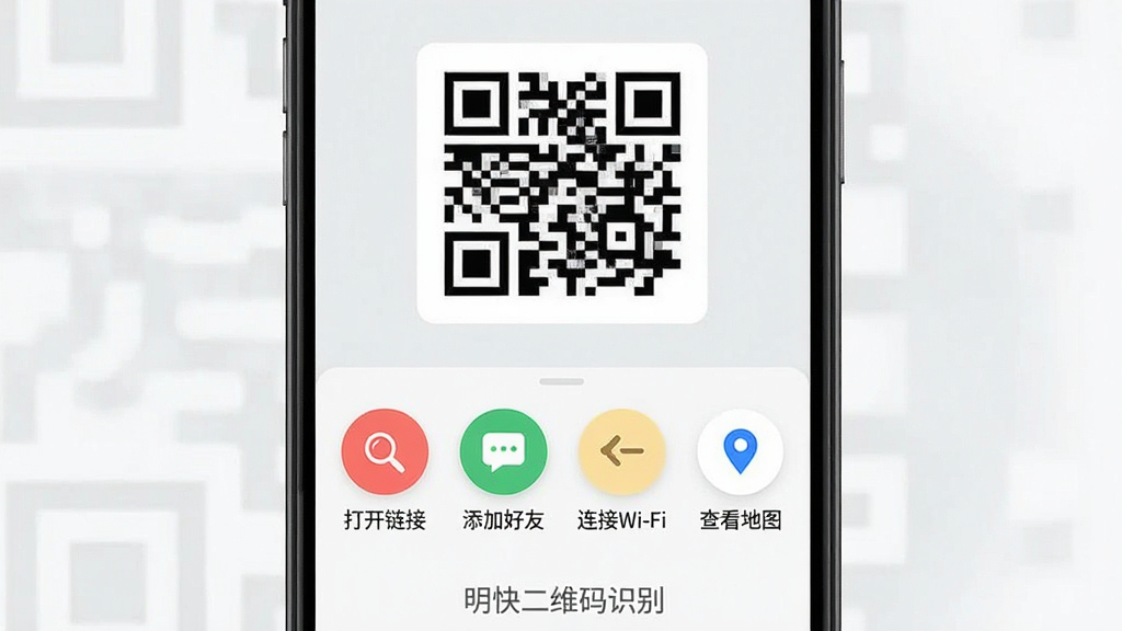 主体:手机屏幕显示识别结果页面,上方是二维码预览图,下方有四个圆形功能按钮:打开链接、添加好友、连接Wi-Fi、查看地图。布局:左右对称,功能按钮横向排列。排版:简洁的列表式布局。风格:清新商务风,以白色和浅灰色为主色调。细节:每个功能按钮都有对应的彩色图标,屏幕底部有“明快二维码识别”的水印。画质:高清,干净,无多余元素。