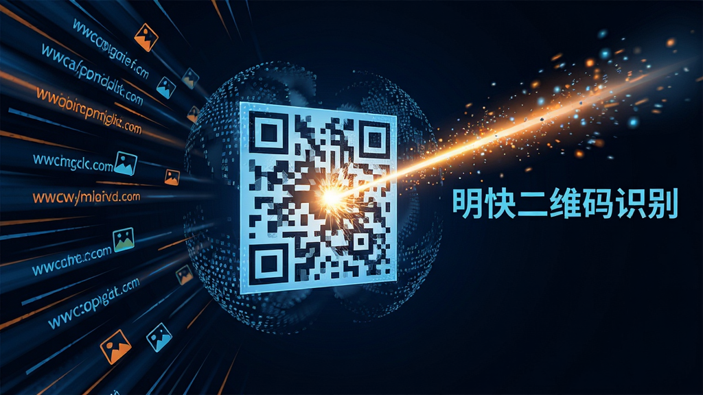 主体:一个高速旋转的二维码被一道光线击中后瞬间静止并展开成信息流。布局:二维码位于画面中心,信息流呈放射状向四周扩散,右侧有“明快二维码识别”字样。排版:动感十足,信息流带有速度线。风格:科技感插画,蓝色与橙色对比色,背景为深色。细节:二维码由无数细小的数据点构成,光线带有粒子效果,信息流中包含网址、文本、图片等小图标。画质:高清,干净,无多余元素。