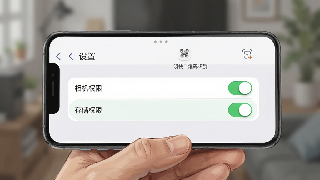 主体:一部手机被一只手握着,屏幕显示“设置”界面,其中“相机权限”和“存储权限”开关被高亮显示。布局:手部位于画面下方,手机屏幕朝向观众。排版:干净清晰的界面展示。风格:写实与插画结合,背景虚化。细节:手机屏幕上有“明快二维码识别”的权限设置页面,开关处于开启状态。画质:高清,干净,无多余元素。