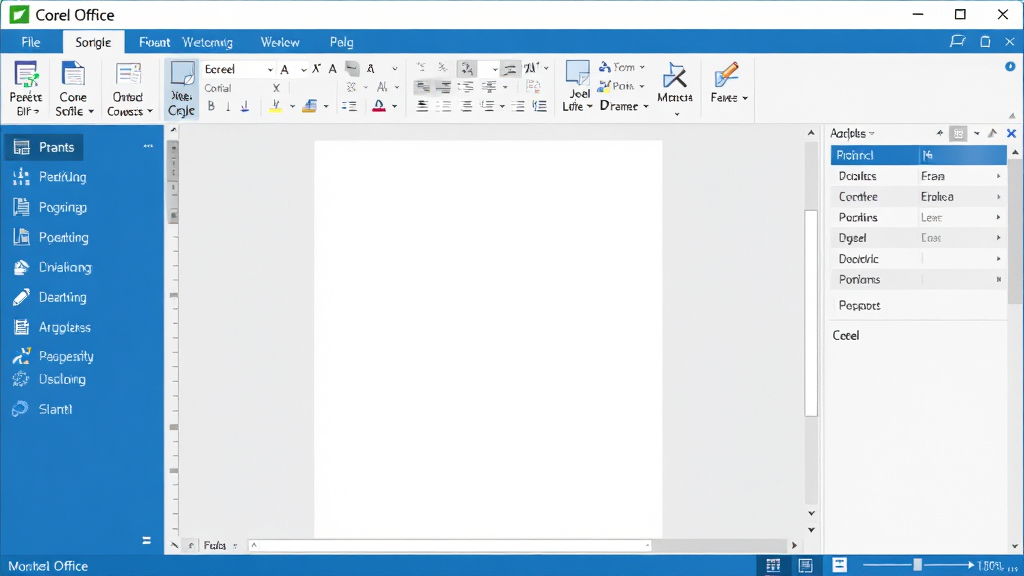 һ��չʾCorel Office������ĸ���Ԥ��ͼ���������Ϊ���ܵ��������м�Ϊ�򿪵��ĵ��༭�����Ҳ�Ϊ������壬�������������ɫ�������������룬ͼ������������ִ���࣬���ʸɾ��������޶���Ԫ�أ�ͼƬ����ʾ��Corel Office������