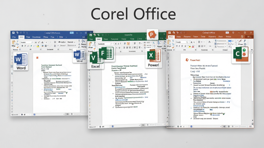 һ��չʾCorel Office�򿪶��ָ�ʽ�ĵ��ĶԱ�ͼ�������ϲ�����ʾWord��Excel��PowerPoint�����ĵ����ڣ�ÿ���������Ͻ��и�ʽ��ǩͼ�꣬����Ϊǳ��ɫ�����岼�ֹ��������дʵ�����������ɾ���ͼƬ�б�ע��Corel Office������