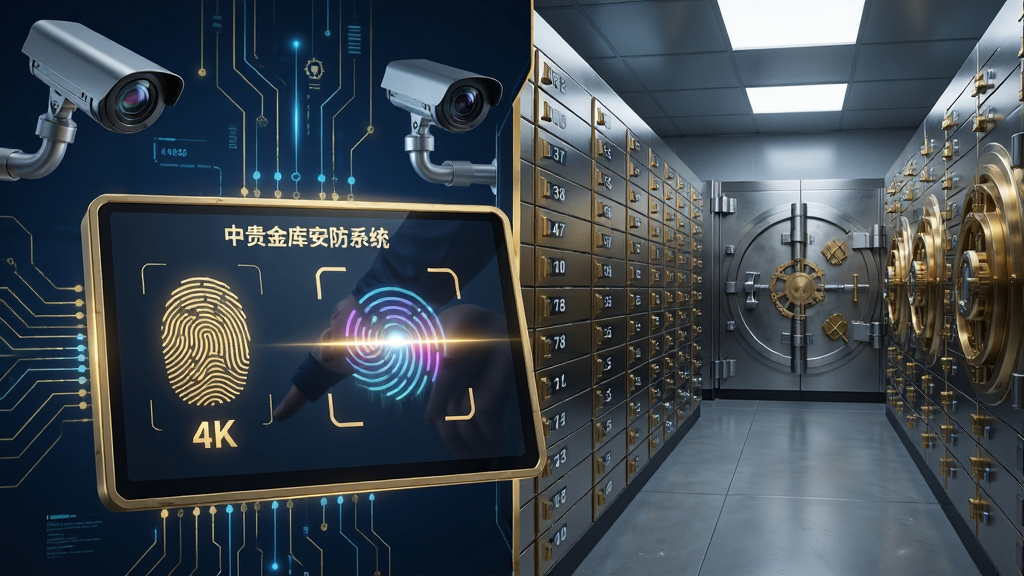 主体:中贵金库安防系统示意图,前景为指纹识别与虹膜扫描的界面,背景为排列整齐的金库保管箱;布局:左右分屏式,左侧安防科技元素,右侧金库内部实景;排版:科技感线条勾勒,金色与深蓝色调;风格:写实与科技结合,高细节渲染;细节:指纹光效、监控摄像头、箱体编号清晰可见;画质:4K超清,干净,无多余元素。