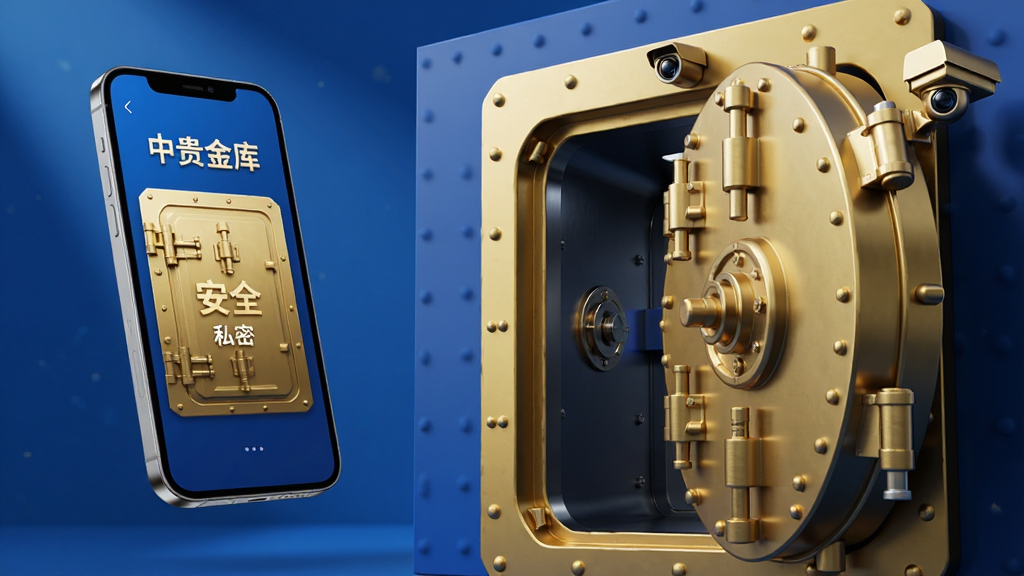 主体:中贵金库APP界面与实体金库结合的3D概念图,手机屏幕中显示金色保险库大门与“中贵金库”字样;布局:左侧为手机悬浮展示,右侧为半开的重型金库门,金属质感强烈;排版:手机界面简洁,金库门占据画面三分之二,形成纵深视觉;风格:商务科技风,蓝金配色,光影对比鲜明;细节:金库门上有精密锁芯与监控摄像头,手机屏幕显示“安全”“私密”字样;画质:8K超高清,干净,无多余元素。