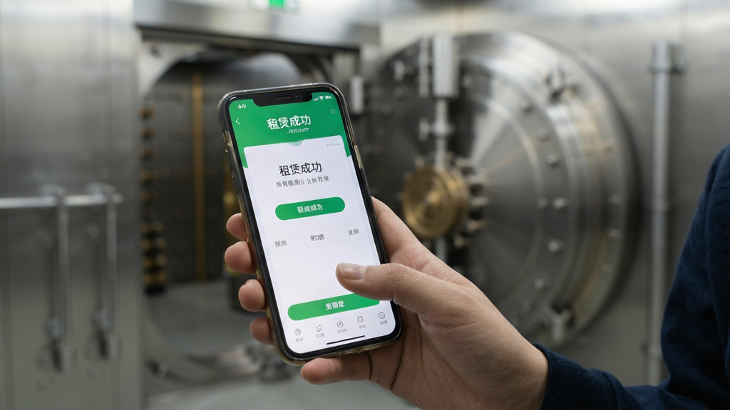 主体:用户手持手机操作中贵金库APP,背景为金库内部实景;布局:人物居中,手机屏幕特写显示“租赁成功”界面;排版:前景清晰,背景虚化;风格:纪实摄影风格,自然光线;细节:用户手指点击屏幕,金库门隐约可见;画质:高清,干净,无多余元素。