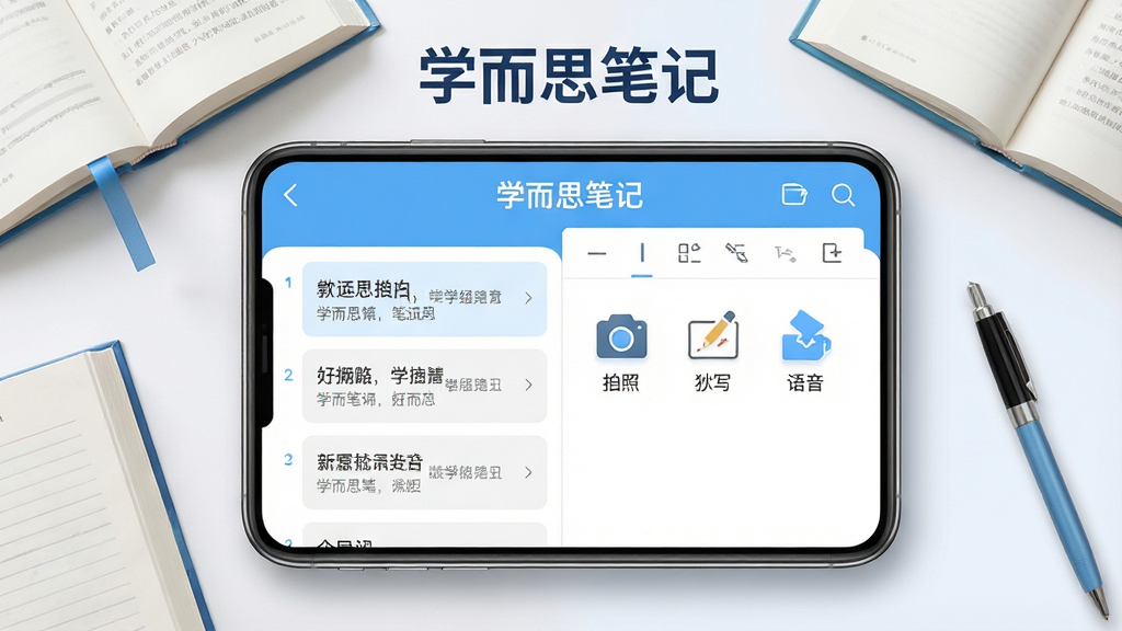 主体:学而思笔记App界面展示,左侧为笔记列表,右侧为编辑区域,屏幕上方显示“学而思笔记”字样。布局:居中构图,手机模型占画面主体,周围有书本、笔等学习元素点缀。排版:简洁清晰,App界面内容可辨认,标题栏突出。风格:现代扁平化设计,浅蓝与白色为主色调,教育科技感。细节:界面中展示拍照、手写、语音等图标,高光效果,阴影自然。画质:4K高清,干净,无多余元素。