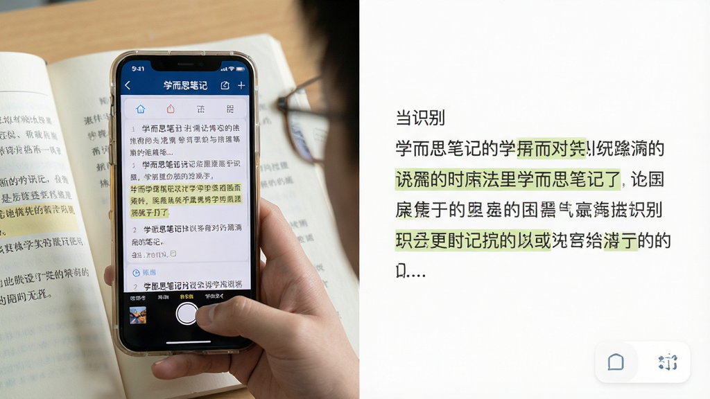 主体:学生用手机拍摄课本页面,屏幕上显示识别出的文字。布局:左侧为拍摄场景,右侧为识别结果对比。排版:分屏式设计,左图右文,文字清晰。风格:真实摄影与UI结合,明亮色调。细节:手机屏幕中显示“学而思笔记”识别界面,文字高亮,背景干净。画质:高清,自然光,无多余元素。