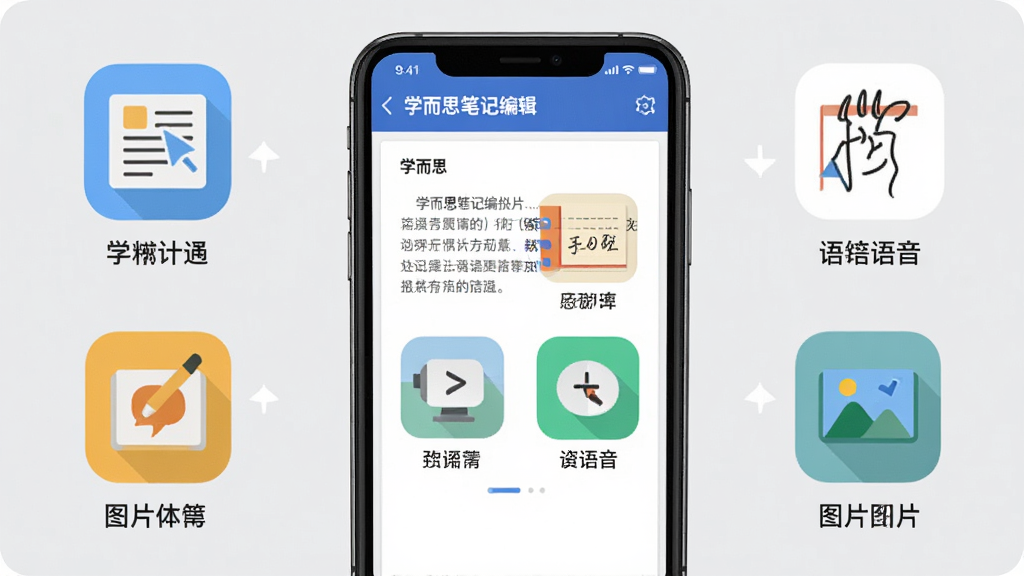 主体:学而思笔记编辑界面,展示文本、手写、语音、图片四种输入工具图标。布局:居中展示手机屏幕,四周环绕四种输入方式图标。排版:图标排列整齐,下方有说明文字。风格:扁平化图标设计,色彩鲜明。细节:每种图标有简单标注,背景为浅灰色。画质:高清,简洁,无多余元素。