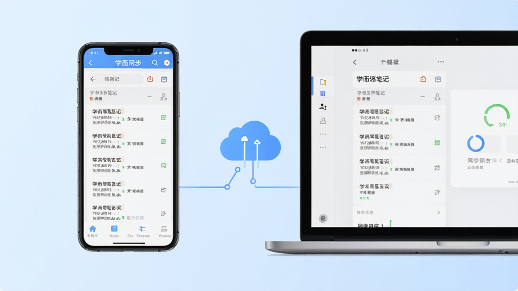 主体:手机和电脑并排显示学而思笔记界面,强调多端同步。布局:左右对称,中间有云朵图标连接。排版:简洁,背景为浅蓝色渐变。风格:科技感,扁平化。细节:屏幕中显示笔记列表和同步状态。画质:高清,干净,无多余元素。