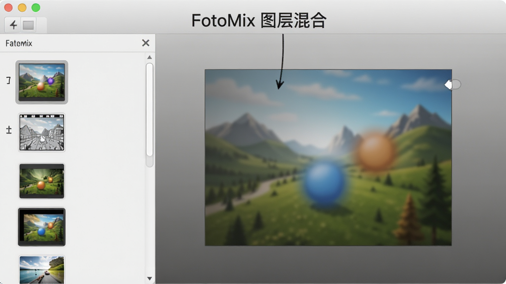 չʾFotoMix������ͼ���Ϲ��ܵĲ������棬���Ϊ�ز�ͼ������ͼ���Ҳ�Ϊ���Ч��ʵʱԤ��������Ϊ�����ɫ������ɾ�ֱ�ۣ����ֱ�ע