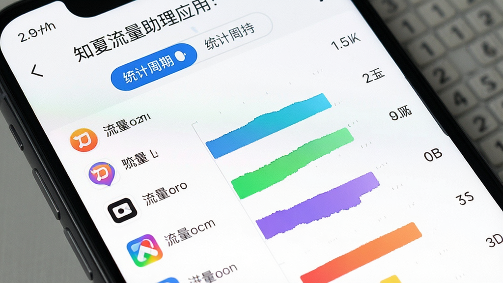 一张手机应用列表截图风格图片,屏幕显示知夏流量助理的应用流量排行页面,顶部为统计周期切换标签,下方为各应用名称及对应的流量消耗条形图,颜色鲜艳,背景白色,布局整齐,画质干净。