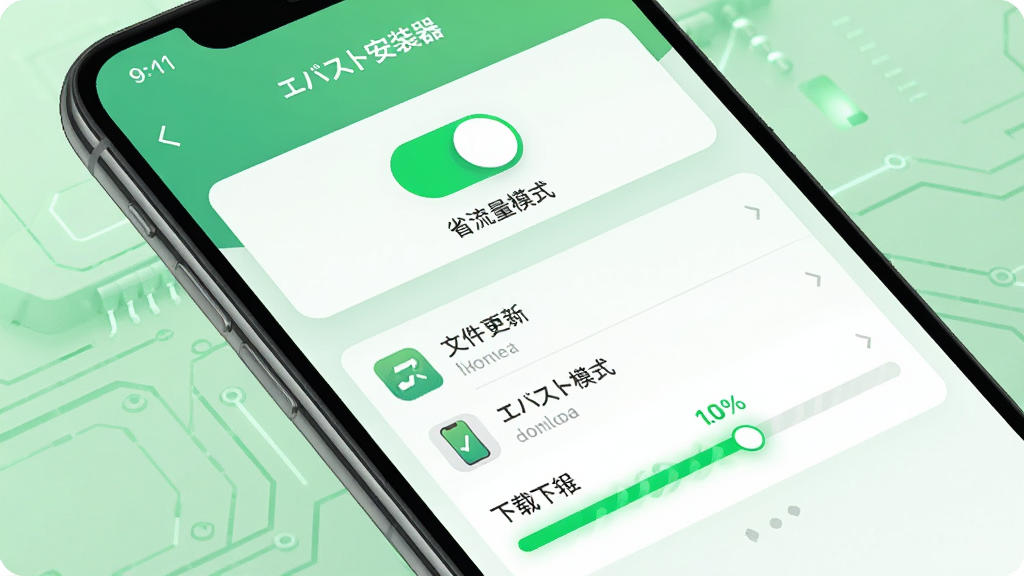 主体:手机界面显示エバスト安装器的更新下载页面,有“省流量模式”开关。布局:手机倾斜放置,背景为浅绿色科技感背景,屏幕内容清晰。排版:开关在页面顶部,下方为文件列表和下载进度条。风格:清新绿色调,扁平化,适合省流量主题。细节:开关为绿色高亮,下载进度条有动画效果。画质:高清,干净,无多余元素。