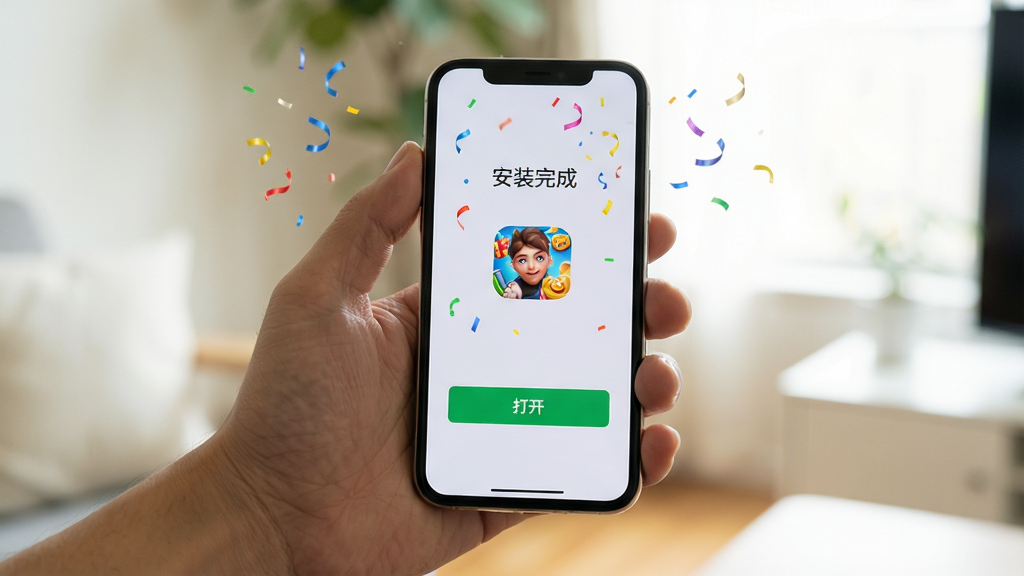 主体:用户手持手机操作エバスト安装器,屏幕显示安装成功界面。布局:人物手部在画面左下角,手机屏幕朝上居中,背景为室内自然光。排版:屏幕上有“安装完成”和游戏图标,下方有“打开”按钮。风格:写实照片风格,光线柔和,色彩自然。细节:手部清晰,屏幕内容易读,有庆祝特效。画质:高清,干净,无多余元素。
