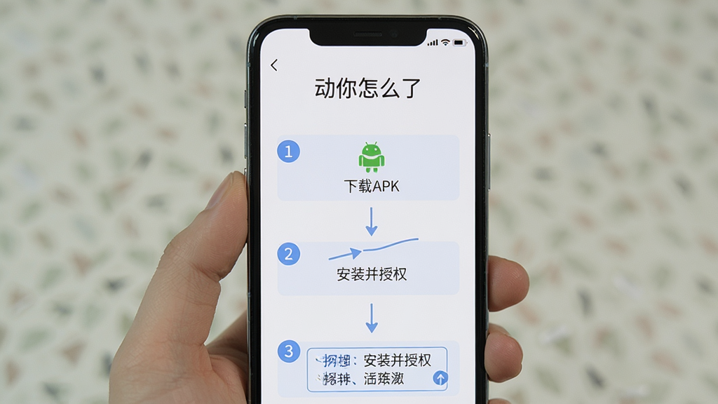 主体:手机屏幕上显示“动你怎么了”的使用教程界面,有步骤箭头和提示框。布局:手机居中,屏幕中展示操作步骤。排版:条理清晰,有数字标注。风格:简洁教学风格。细节:步骤1为“下载APK”,步骤2为“安装并授权”。画质:高清,干净,无多余元素。