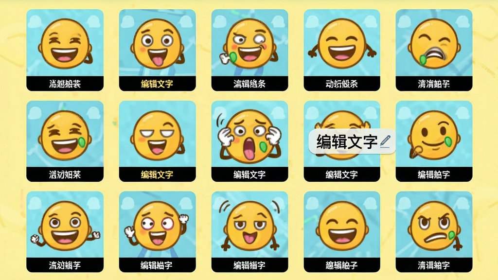 主体:应用“动你怎么了”的趣味表情包展示界面,屏幕上排列着多个动态卡通表情。布局:网格状排列,每个表情下方有名称标签。排版:整齐有序,表情突出,背景为浅黄色。风格:扁平化设计,颜色明快。细节:一个表情正在做鬼脸,旁边有“编辑文字”按钮。画质:高清,干净,无多余元素。