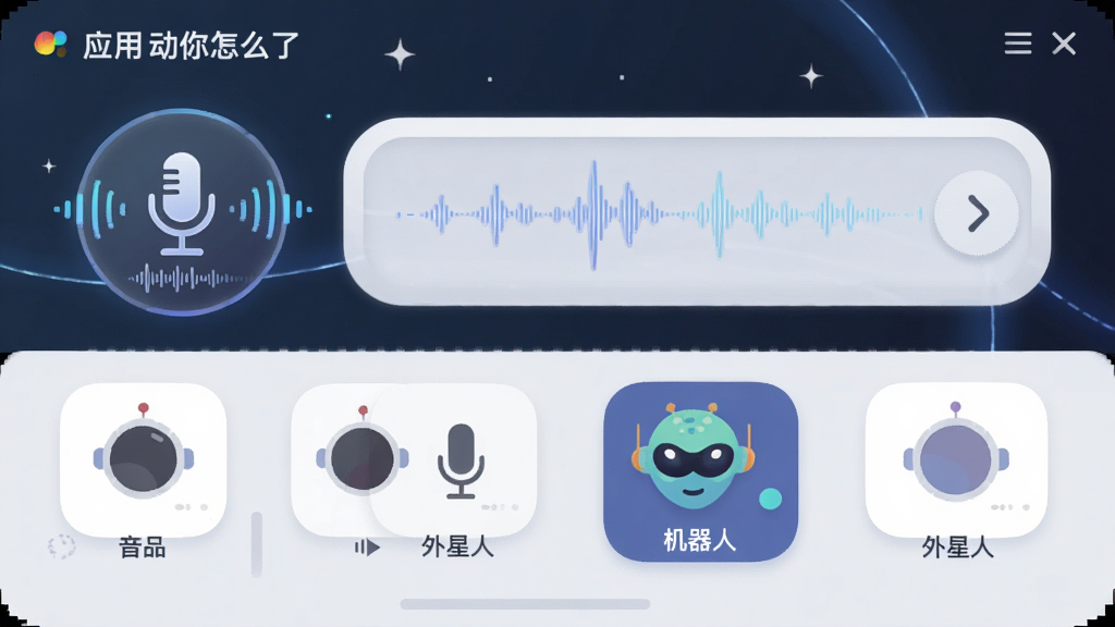 主体:应用“动你怎么了”的语音合成界面,麦克风图标和波形动画。布局:界面中央有输入框,下方是多个音色选项图标。排版:简洁清晰,科技感。风格:拟物化与扁平结合。细节:一个音色图标标注“机器人”,另一个标注“外星人”。画质:高清,干净,无多余元素。