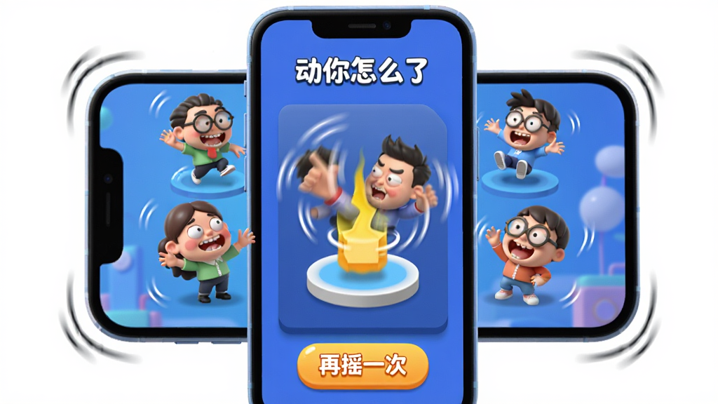 主体:手机屏幕上运行“动你怎么了”中的“摇一摇”小游戏,屏幕显示摇晃动画和随机出现的搞笑角色。布局:手机居中,屏幕中有明显的晃动效果线条。排版:动态感强,主体突出。风格:3D卡通渲染风格。细节:屏幕下方有“再摇一次”按钮。画质:高清,干净,无多余元素。
