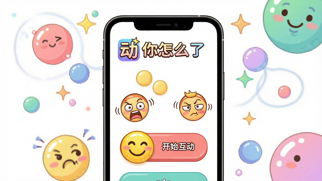 主体:一款名为“动你怎么了”的手机应用界面,屏幕中显示各种搞怪动态表情和互动按钮。布局:手机居中,屏幕内容清晰可见,周围有彩色气泡和星光点缀。排版:简洁明快,突出应用图标和名称“动你怎么了”。风格:卡通插画风格,色彩鲜艳明亮。细节:屏幕中有一个笑脸按钮,旁边有“开始互动”文字。画质:高清,干净,无多余元素。