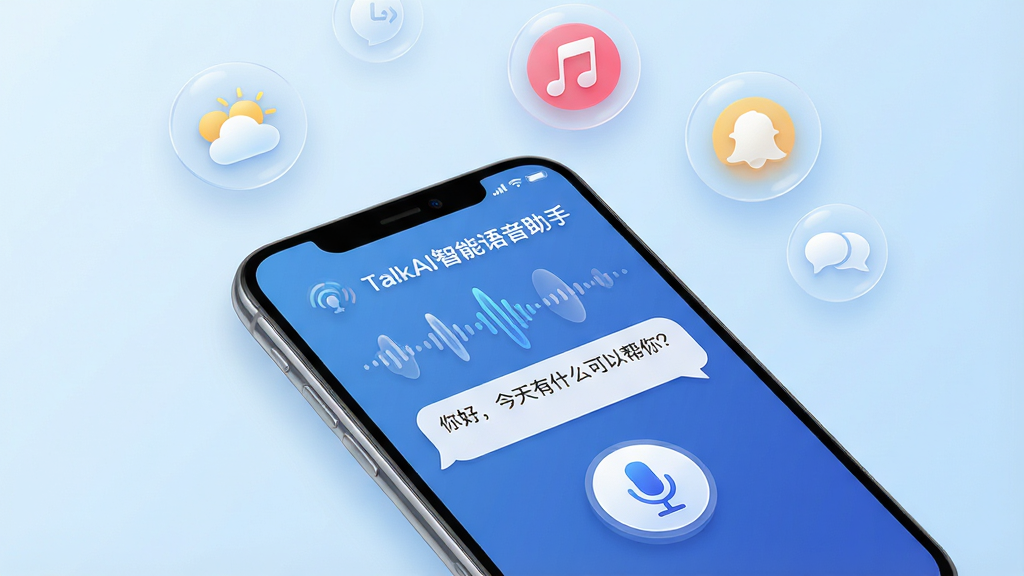 主体:一部现代智能手机屏幕占据画面中心,屏幕上清晰显示“TalkAI智能语音助手”的对话界面,界面中有波浪形的语音波形动画和一个醒目的麦克风图标。布局:手机位于画面中央偏下,背景为干净的浅蓝色渐变,上方悬浮着几个半透明的圆形图标,代表天气、音乐、提醒等功能。排版:手机屏幕内容为主视觉,周围留白简洁,突出科技感。风格:扁平化设计结合轻微拟物阴影,整体色调明亮清新,突出人工智能的智慧与亲和力。细节:对话气泡中展示“你好,今天有什么可以帮你?”的文字,界面元素边缘光滑,高光自然。画质:4K超清,细节丰富,干净无多余元素。