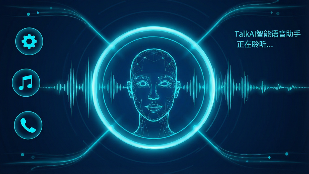 主体:一个科幻风格的语音识别界面,中央是一个发光的声波光环,光环内有一张抽象的数字化人脸轮廓。布局:界面占据整个画面,左侧排列着几个功能图标(如设置、音乐、电话),右侧显示实时转写的文字流。排版:中心焦点突出,周围信息呈放射状分布。风格:深蓝色科技背景搭配亮青色线条,光影流动,富有未来感。细节:文字流中清晰显示“TalkAI智能语音助手正在聆听...”的字样,波形动画细腻流畅。画质:高清晰度,干净且富有科技氛围。