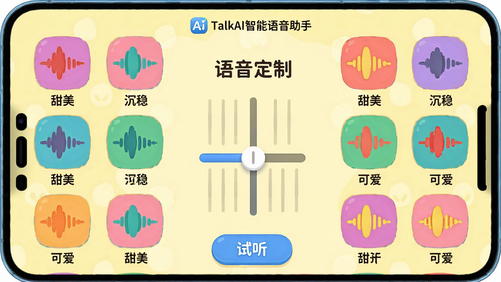 主体:一个色彩鲜艳的手机设置界面,屏幕上显示“语音定制”页面,有多个不同颜色和形状的声音波形图标,每个图标下方标注“甜美”、“沉稳”、“可爱”等字样。布局:界面采用左右对称设计,中央是一个可以拖动的音调调节滑块。排版:图标排列整齐,色彩区分明显。风格:活泼明快的插画风格,背景为淡黄色,配以圆润的字体和按钮。细节:屏幕上方显示“TalkAI智能语音助手”的logo,界面下方有一个“试听”按钮。画质:高清,干净,无多余元素。