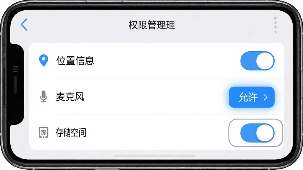一张“360电话手表”应用在手机上的设置界面预览图,屏幕显示“权限管理”菜单,包含“位置信息”、“麦克风”、“存储空间”等选项,每个选项旁都有开关按钮,布局清晰,风格扁平化,细节上突出“允许”按钮的蓝色高亮,画质干净,无多余元素。