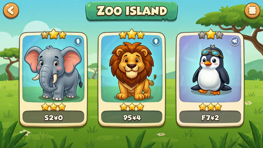Zoo Island�����ռ����棬չʾ���ֶ��￨Ƭ����������ʨ�ӡ���죬��Ƭ��ƾ����������Ǽ��͵ȼ���ʶ������Ϊ��ɫ��ԭ����ͨ���UI����������ϸ�壬�ɾ�������