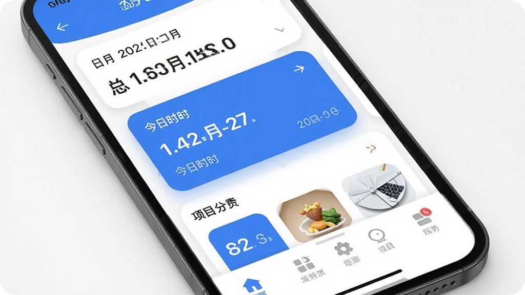 极简记工时app界面预览图,主体为手机屏幕展示主界面,布局上方显示日期与总工时,中部为今日工时卡片和项目分类,下方为底部导航栏。排版简洁清爽,以白色背景搭配蓝色主色调,风格现代扁平化,细节处有圆角卡片和阴影效果,画质高清干净,无多余元素。