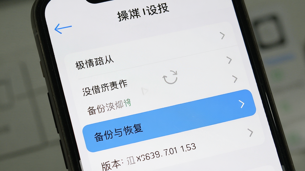 极简记工时手机端操作教程截图,主体为手机屏幕展示设置页面,布局上方为返回键和标题,中部为选项列表,下方为版本信息。排版简洁,风格朴素,细节上突出“备份与恢复”选项,画质干净,无多余元素。