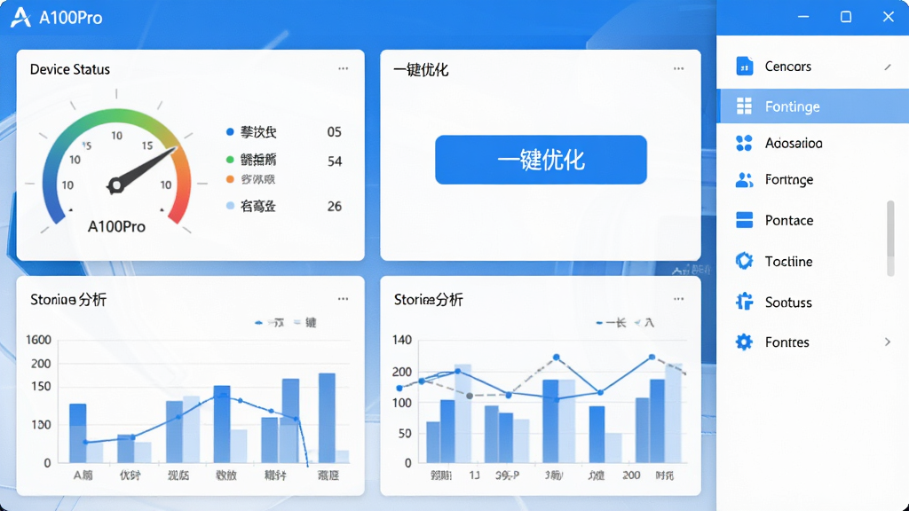 一张展示A100Pro软件主界面的高清截图,界面布局清晰,包含设备状态仪表盘、一键优化按钮、存储分析图表和功能菜单列表,整体风格现代简约,以蓝白为主色调,图标精致,文字标注“A100Pro”,画面干净无多余元素,画质清晰,适合作为软件宣传预览图