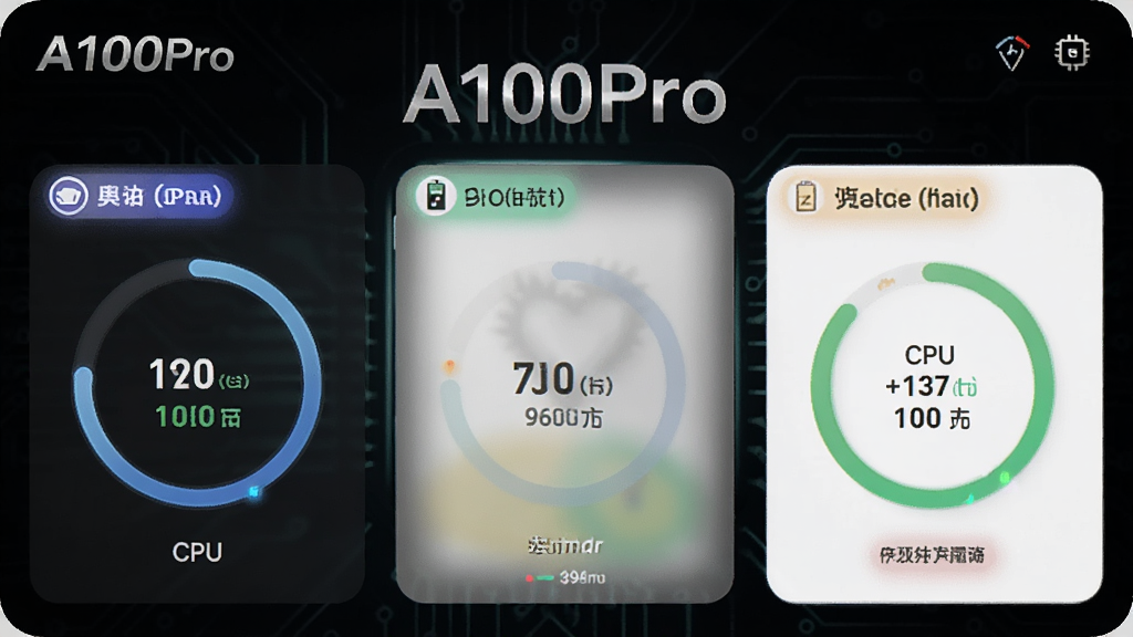 展示A100Pro智能体检功能的界面预览图,界面中显示设备各项健康指标评分,包括CPU、内存、电池、存储等,以环形进度条和彩色标签呈现,背景为深色科技风格,突出“A100Pro”品牌标识,画面整洁,文字清晰,画质细腻,无多余元素