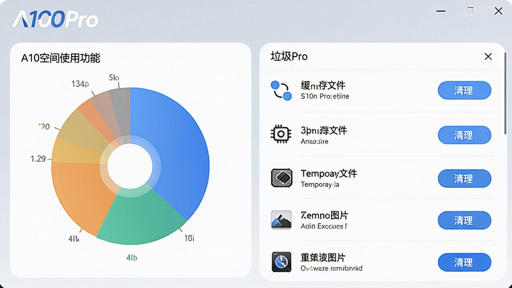 展示A100Pro文件清理功能的操作界面,界面左侧为存储空间使用饼图,右侧为各类垃圾文件列表,包含缓存文件、临时文件、重复图片等,每个项目带有清理按钮,整体设计简洁明亮,突出“A100Pro”Logo,画面干净,文字标注清晰,画质清晰