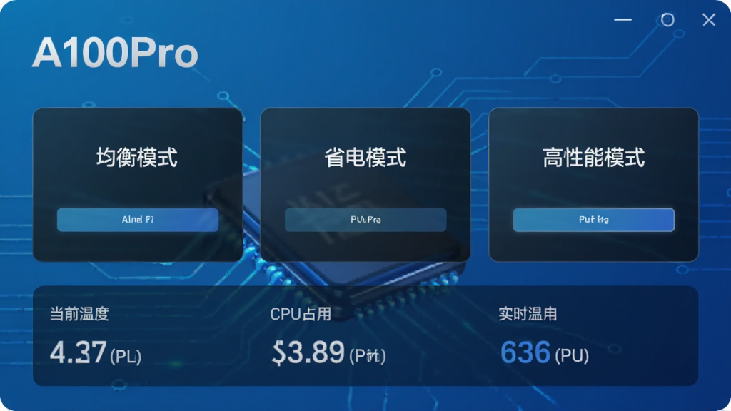 展示A100Pro性能模式切换功能的界面,界面中包含三个模式卡片,分别标注“均衡模式”、“省电模式”、“高性能模式”,下方有当前设备温度、CPU占用率等实时数据,背景为渐变科技蓝,突出“A100Pro”标识,设计现代,画质清晰,无冗余元素