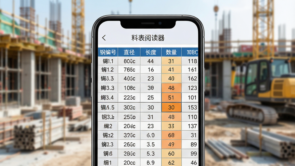 主体:一部智能手机屏幕正展示料表阅读器软件界面,界面内是清晰的钢筋料表数据表格。布局:手机位于画面中央偏下,背景为模糊的建筑工地场景,突出手机屏幕内容。排版:手机屏幕内的表格行列分明,数字与文字标签整齐排列,顶部有“料表阅读器”字样。风格:写实风格,光线明亮,细节真实。细节:表格中显示钢筋编号、直径、长度、数量等列,部分单元格高亮显示。画质:高清渲染,干净,无多余元素。