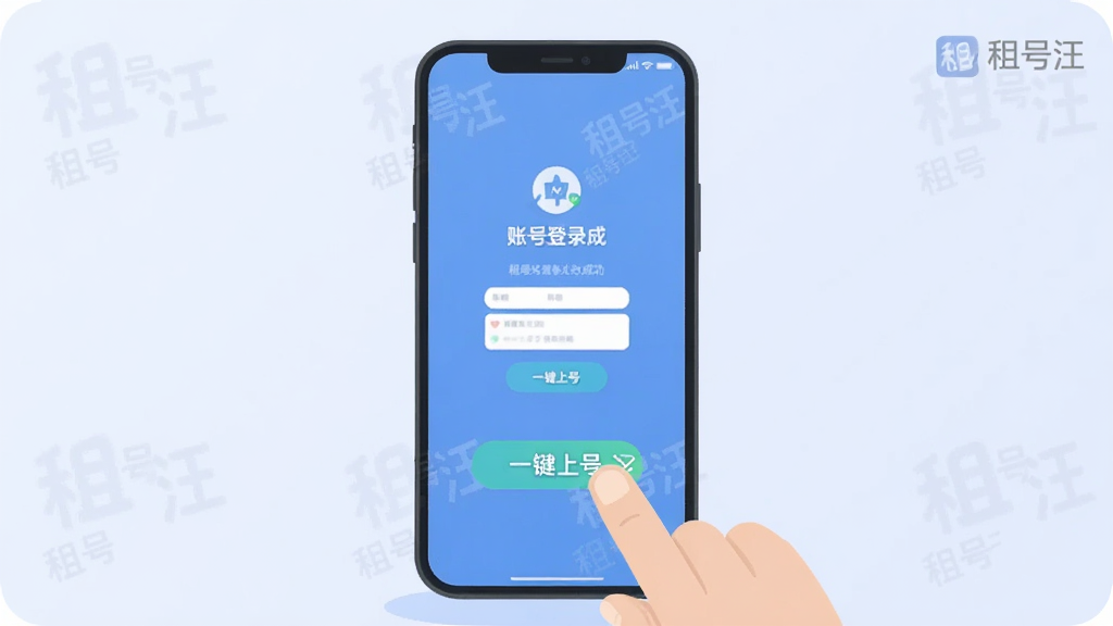 展示租号汪一键上号操作流程的示意图,主体为手指点击手机屏幕上的“一键上号”按钮,屏幕中显示账号登录成功界面,布局简洁明了,背景为淡蓝色,整体风格扁平化,细节带有“租号汪”水印标识,画质干净,无多余元素。