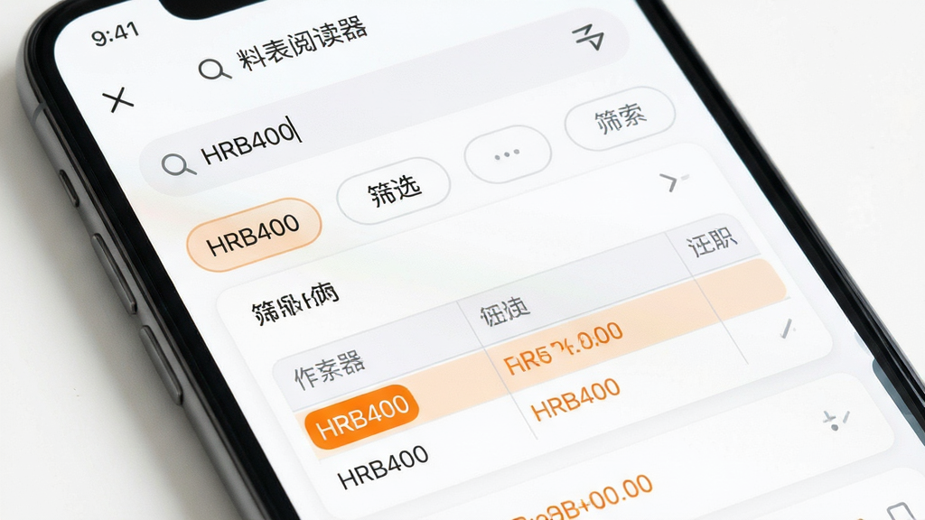 主体:手机屏幕特写,显示料表阅读器软件的搜索筛选界面。布局:屏幕上方为搜索框,下方为筛选条件选项,中间为筛选结果列表。排版:搜索结果以卡片形式展示,关键词高亮为橙色,筛选条件以圆角按钮呈现。风格:简洁现代风格,白色背景。细节:搜索框内输入“HRB400”,下方结果表格中对应行高亮。画质:高清,干净,无多余元素。