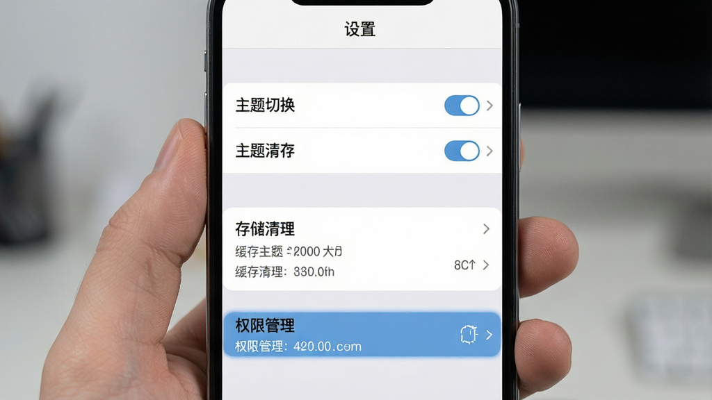 主体:手机屏幕显示料表阅读器的设置界面,包含主题切换、缓存清理等选项。布局:设置列表从上到下排列,每个选项右侧有开关或箭头。排版:页面顶部有“设置”标题,选项字体清晰,背景为浅灰色。风格:简洁商务风格。细节:存储清理选项显示缓存大小,权限管理选项高亮。画质:高清,干净,无多余元素。