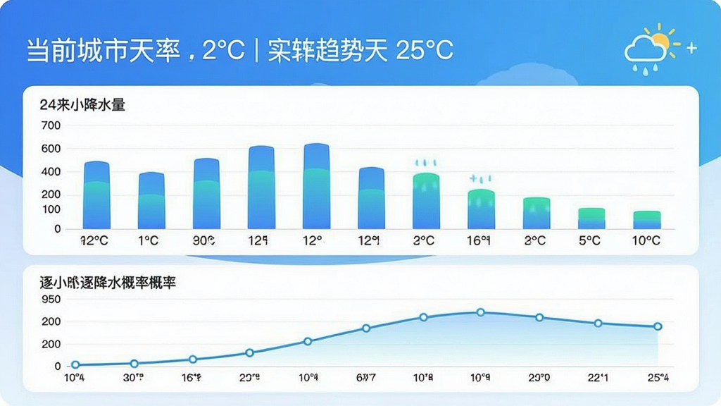 图片展示“降水趋势天气预报”应用主界面,顶部为当前城市名称与实时温度,中部为未来24小时降水量柱状图,底部为逐小时降水概率曲线,整体采用蓝白渐变的扁平化设计风格,界面干净清爽,数据可视化图表清晰易读,画质高清,无多余元素