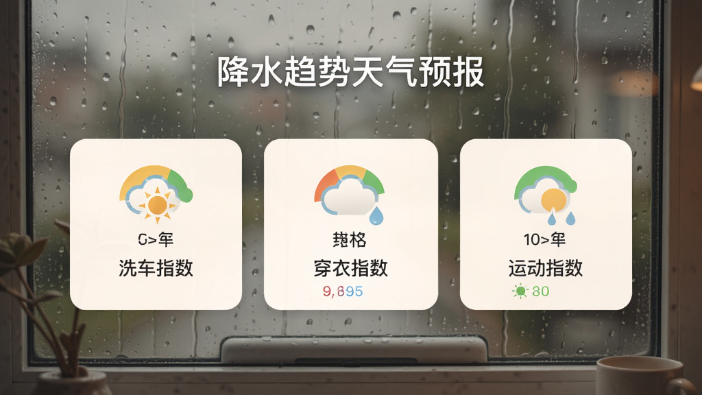 展示“降水趋势天气预报”的生活指数界面,背景为雨天窗边场景,界面中依次排列洗车指数、穿衣指数、运动指数卡片,每个卡片上有对应的等级图标和文字说明,整体风格简洁温馨,画质柔和,干净无多余元素