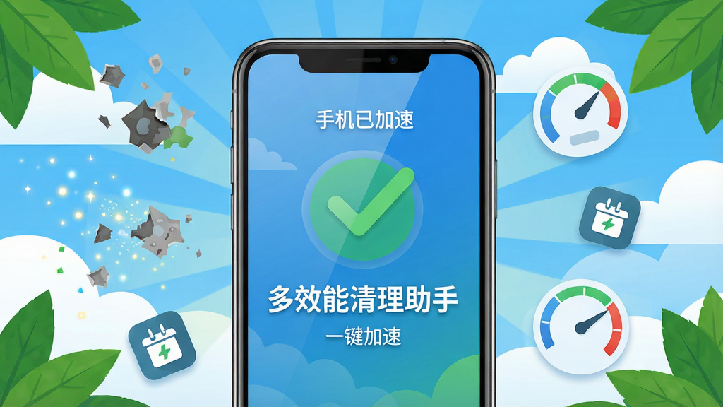 主体:多效能清理助手手机应用界面,手机屏幕显示清理完成的绿色勾号与“手机已加速”字样,背景为蓝天白云与绿色树叶,象征清新与高效;布局:手机居中,周围环绕悬浮的垃圾碎片、缓存图标、速度表盘等元素,整体呈放射状;排版:手机屏幕内文字“多效能清理助手”清晰可见,下方小字“一键加速”,四周元素错落有致;风格:扁平化插画风格,色彩明快,主色调为蓝色与绿色;细节:垃圾碎片化为光点消散,速度表盘指针指向最高值,屏幕反光细腻;画质:高清渲染,干净,无多余元素。