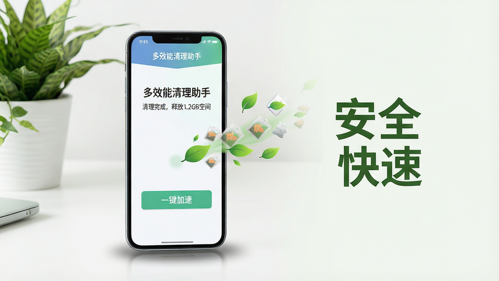 主体:一部手机正在运行“多效能清理助手”,屏幕上显示“清理完成,释放1.2GB空间”的提示,背景为整洁的桌面与绿植;布局:手机位于画面中央偏左,右侧配以“安全”、“快速”文字云图;排版:手机屏幕内文字“多效能清理助手”和“一键加速”按钮清晰可见,周围无杂乱元素;风格:清新自然风格,浅色背景,简洁明亮;细节:屏幕上有垃圾文件变成绿叶的动画轨迹,手机底部有阴影;画质:超清,干净,无多余元素。