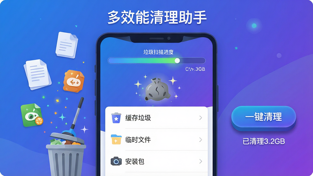 主体:“多效能清理助手”应用界面,屏幕上显示垃圾扫描进度条,周围散落着文件、缓存图标、垃圾桶元素,垃圾被吸入垃圾桶;布局:界面居中,扫描进度条在屏幕上方,下方列出“缓存垃圾”、“临时文件”、“安装包”等分类,右侧有“一键清理”按钮;排版:文字“多效能清理助手”作为标题置于界面顶部,按钮下方有“已清理3.2GB”字样;风格:科技感扁平插画风格,蓝紫色渐变背景;细节:垃圾图标带有闪光粒子特效,按钮带有立体阴影;画质:高细节,干净,无多余元素。