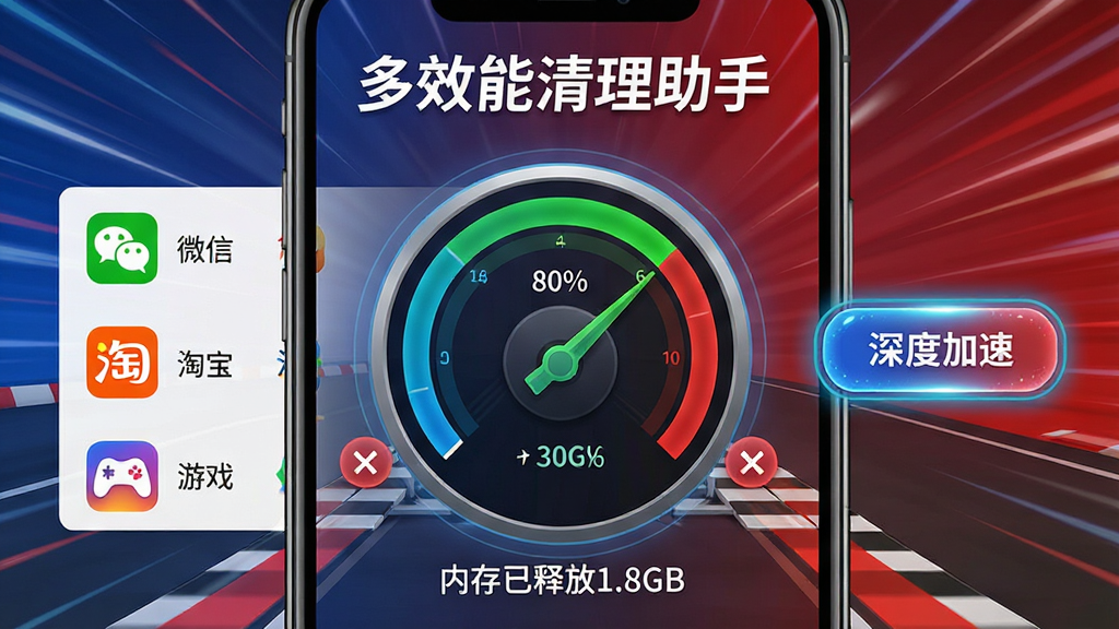 主体:“多效能清理助手”手机加速功能界面,手机屏幕显示内存使用率从80%降至30%的仪表盘,背景为赛道与起跑线元素,寓意加速;布局:界面中央为圆形仪表盘,左侧列出“微信”、“淘宝”、“游戏”等应用图标,右侧为“深度加速”按钮;排版:标题“多效能清理助手”在顶部,仪表盘下方文字“内存已释放1.8GB”;风格:动感科技风格,红蓝撞色,背景有速度线条;细节:仪表盘指针指向绿色区域,应用图标带有关闭符号,按钮带有发光效果;画质:高清,干净,无多余元素。