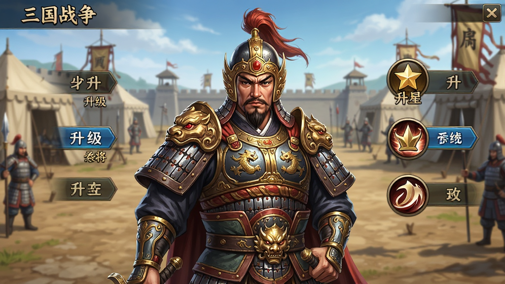 《三国战争》武将养成界面预览图,界面展示一位身着华丽盔甲的将军,周围环绕着升级、升星、技能等UI按钮,武将立绘精细,背景为军营校场,界面布局清晰,风格写实,画质高清,色彩明亮,干净无多余元素。