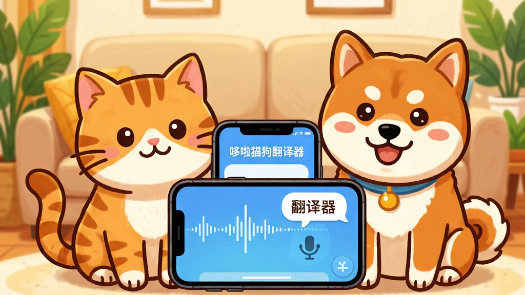 主体:一只可爱的橘猫和一只柴犬并排坐着,面前放着一部智能手机,屏幕上显示“哆啦猫狗翻译器”应用界面,界面中有语音波形和中文文字气泡;布局:手机位于画面中央偏下,猫狗分居两侧,背景是温馨的客厅沙发和绿植;排版:手机屏幕内容清晰可见,文字气泡浮在手机上方;风格:明亮卡通插画风格,色彩温暖,细节丰富;画质:高清,干净,无多余元素。