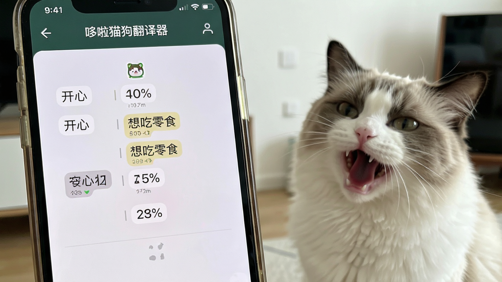 主体:手机屏幕特写,显示“哆啦猫狗翻译器”的识别结果界面,一只布偶猫在旁张嘴叫唤,屏幕上有“开心”“想吃零食”等文字标签和置信度百分比;布局:手机占据画面左侧,猫咪在右侧,背景为简洁的室内环境;排版:屏幕内容清晰,标签排列整齐;风格:真实照片风格,光线柔和;画质:高清,干净,无多余元素。