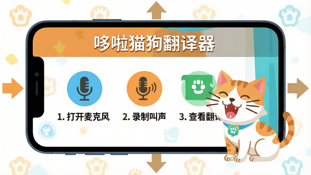 主体:手机横屏显示“哆啦猫狗翻译器”使用教程界面,屏幕上有步骤图标和文字“1. 打开麦克风”、“2. 录制叫声”、“3. 查看翻译”,旁边有一只小猫在叫;布局:手机居中,周围有步骤箭头指示;排版:步骤清晰,字体大而醒目;风格:扁平化插画风格,颜色鲜艳;画质:高清,干净,无多余元素。