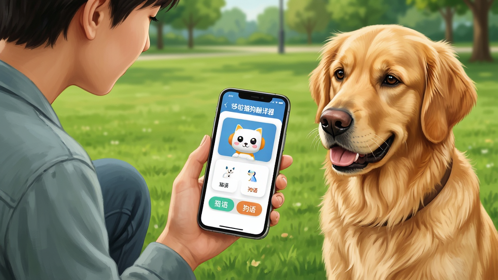 主体:一个人蹲在地上拿着手机对着面前的金毛犬,手机屏幕显示“哆啦猫狗翻译器”双向翻译界面,下方有“猫语”“狗语”切换按钮;布局:人物在左侧,金毛在右侧,背景是公园草地;排版:手机界面清晰,按钮明显;风格:写实插画风格,色彩自然;画质:高清,干净,无多余元素。