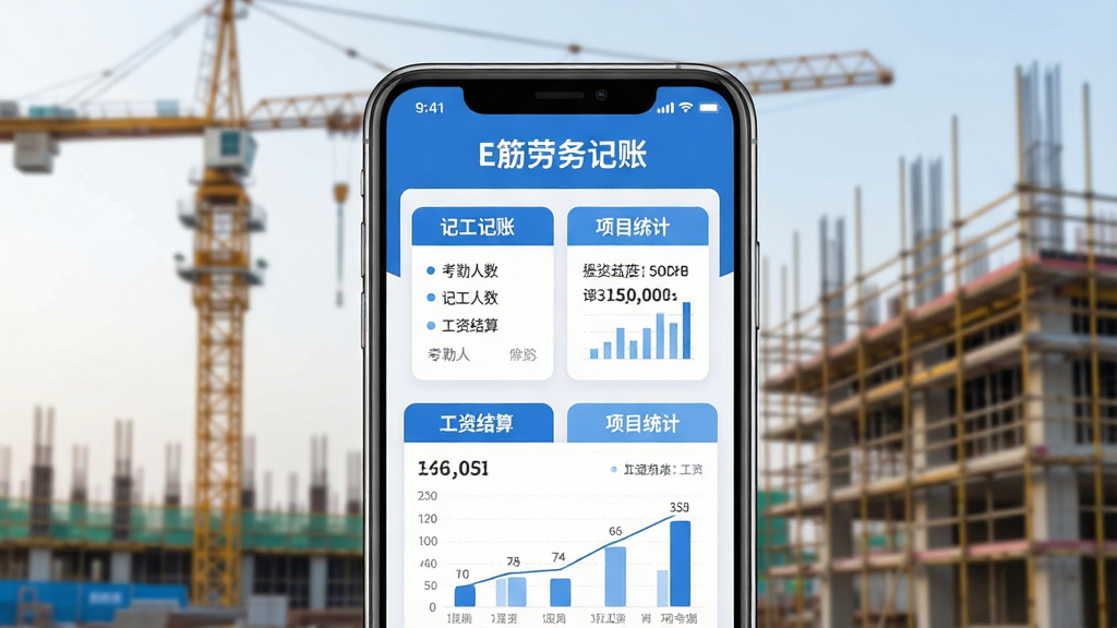 主体:一部智能手机屏幕显示E筋劳务记账主界面,背景是模糊的建筑工地塔吊与脚手架;布局:手机居中,界面清晰展示“记工记账”“工资结算”“项目统计”等模块;排版:界面卡片式布局,色彩以蓝白为主,数据图表简洁;风格:写实结合扁平化UI,明亮通透;细节:屏幕内文字突出“E筋劳务记账”,界面显示考勤人数与工资总额;画质:高清,干净,无多余元素